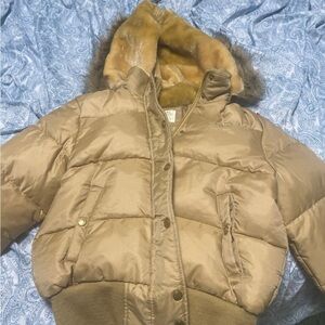 Tan Puffer Jacket with Fur Hood